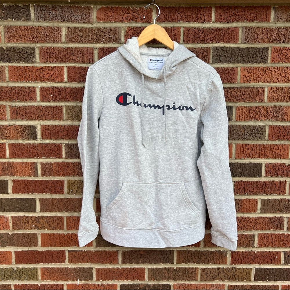 Champion Gray and Navy Blue Graphic Pullover Hoodie Sweatshirt